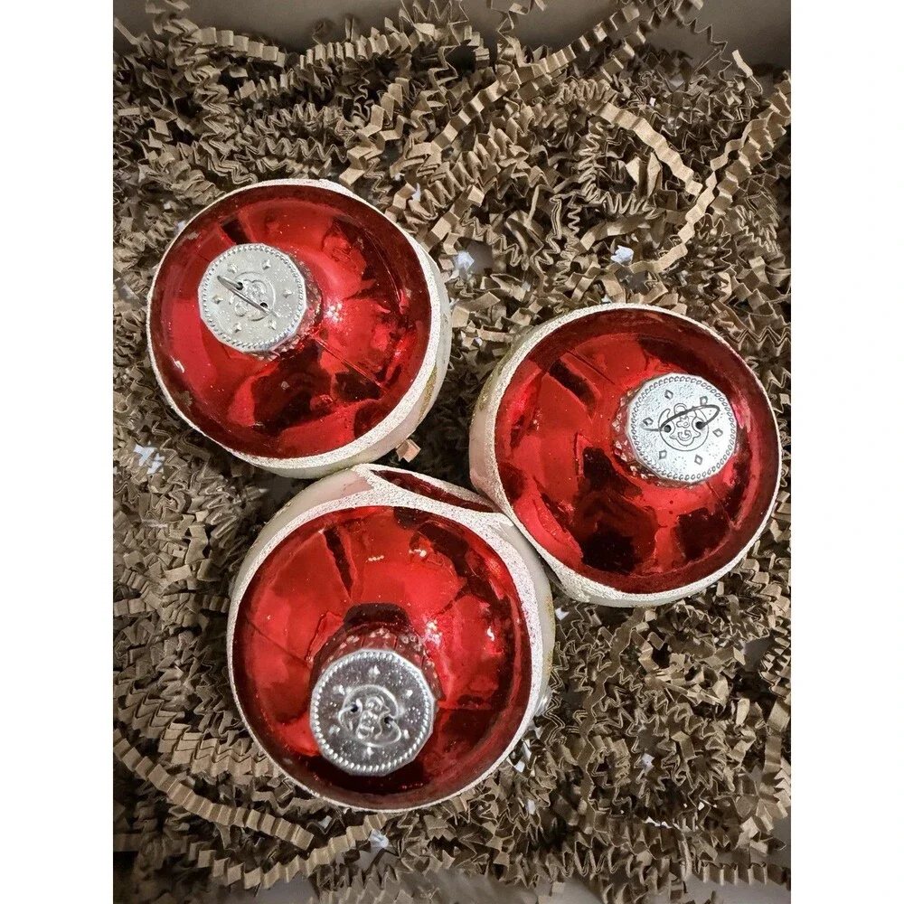 Vtg G&D Reflector Blown Glass Christmas Ornaments 3” Red White & Gold Set Of 3